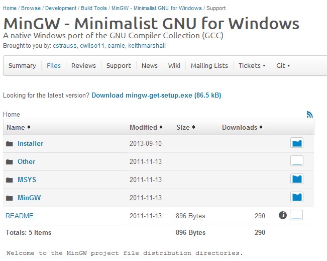 Página de MinGW en Sourceforge